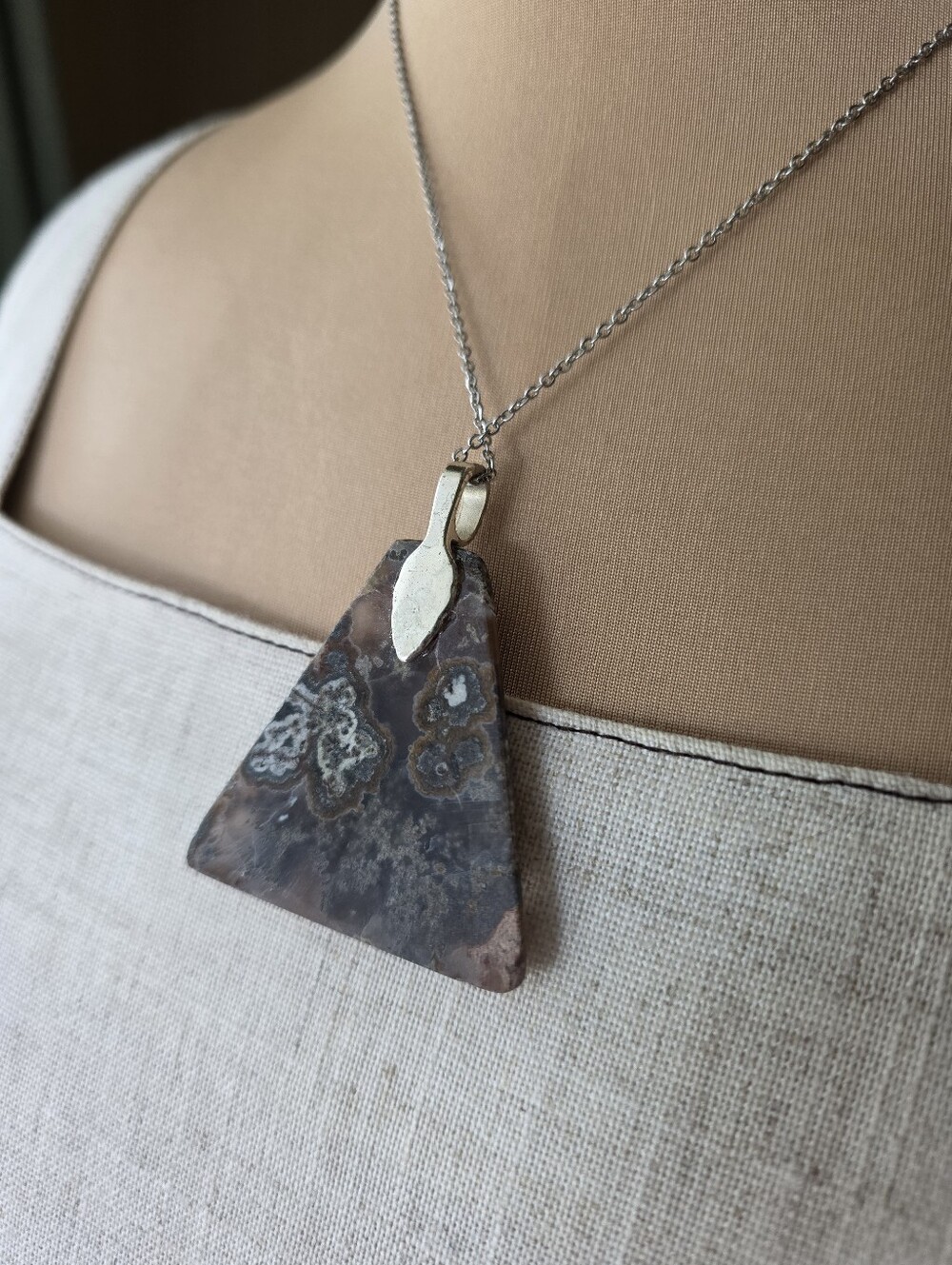 Large Natural Moss Agate Statement Pendant Necklace 18" Silver Chain Crystal - Picture 4 of 10